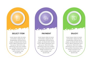 Concept of shopping process with 3 successive steps. Three colorful graphic elements. Timeline design for brochure, presentation, web site. Infographic design layout.