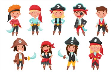Cheerful Boys and Girls in Pirate Costumes with Sword or Saber Vector Set