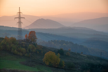 Sunset over power lines in the Caprathian Mountains, Ukraine