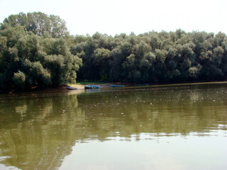 Pleasure boats on the Danube river bank in Romania