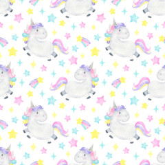 Watercolor seamless pattern unicorn, cute, big dreams, magic, fairy tale. Print Unicorn, unicorn background, stars, comets. Pastel colors. For digital paper, fabrics	