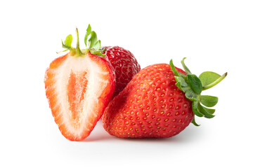 Three ripe strawberry fruits isolated on white background. Clipping path