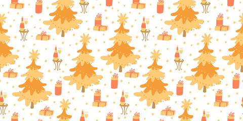 Vector seamless pattern with Christmas trees decorated with big golden stars, bottles of champagne, gift boxes and snowflakes on white. Yellow, red, orange colors. Great for fabrics, wrapping papers.