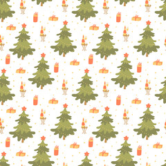 Vector seamless pattern with Christmas trees decorated with big golden stars, bottles of champagne, gift boxes and snowflakes on white. Yellow, red, green colors. Great for fabrics, wrapping papers.