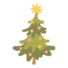 Nice Christmas tree decorated  with Christmas balls and a yellow  big star on top.  Vector illustration  isolated on white background. Perfect for Christmas and New year greeting cards.