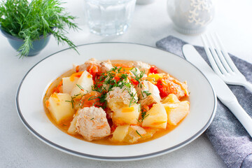 Turkey stew with potatoes, peppers, tomatoes and zucchini, selective focus