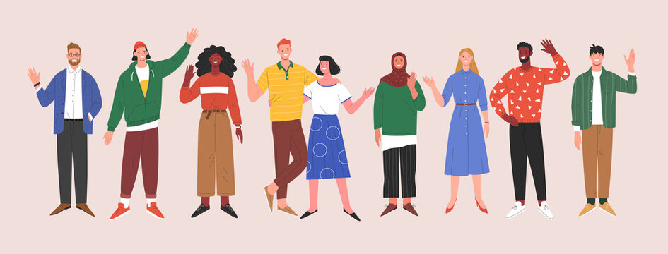 Multinational team. Vector illustration of diverse young adults standing in a line and waving their hands. Isolated on background