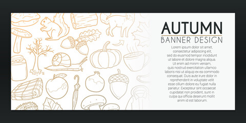 Autumn Banner Doodles. Fall Season Background Hand drawn illustration. Vector Horizontal Design.