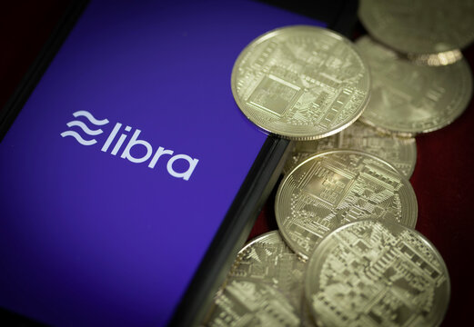 NEW YORK USA - OCT 1 2020:  Mobile Device with Libra cryptocurrency symbol - online digital banking and payment concept - crypto currency