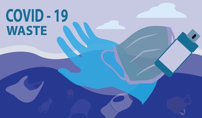 Underwater debris, trash after pandemic coronavirus Covid-19. Latex gloves, plastic bottle sanitizer, medical surgical mask and test flask. Environmental ecology rubbish concept. Vector illustration