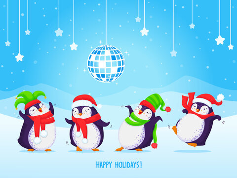 Set of cute cartoon Christmas Penguins on a blue background wiht disco ball, snowflakes, stars and mountains. Merry Christmas greetings.
