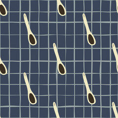 White cooking spoon ornament seamless pattern. Kitchen doodle print on navy blue chequered background.