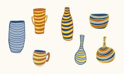 Striped vase isolated on white background. Hand drawn vector illustration. Beautiful interior element. Cozy home object