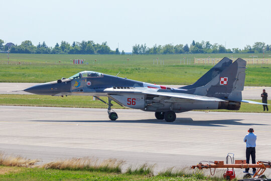Polish Air Force MiG-29 Fulcrum about to take off at the International Aerospace Exhibition ILA on May 22nd, 2014 in Berlin, Germany.