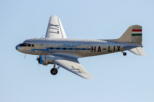 Hungarian Malev Lisunov Li-2 (DC-3) arriving at the International Aerospace Exhibition ILA. BERLIN, GERMANY - MAY 22, 2014