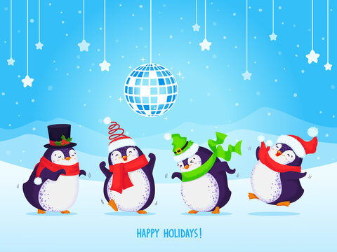Vector Christmas greeting card with four dancing cartoon penguins and Happy Holidys text. Disco ball, snowflakes, stars and mountains background.