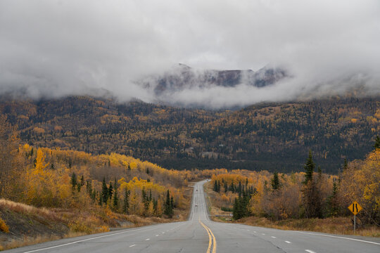 Road and foggy autumn in Alaska