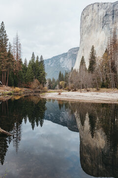 Water like glass. Granite reflections on Merced River