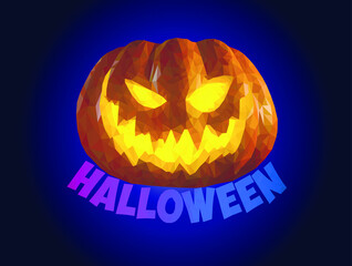 pumpkin for Halloween bright orange on a dark blue luminous background in the style of low poly with the inscription Halloween