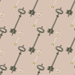 Pastel palette seamless hand drawn pattern with vintage keys silhouettes. Secret victorian style print on pale pink background.