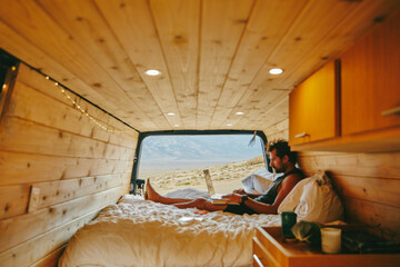Young man on bed with laptop in camper van in northern California.