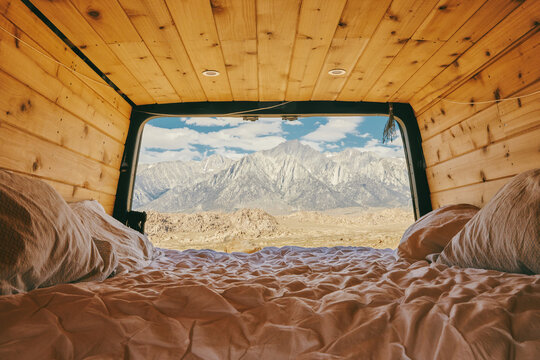 Views of mountain range from sprinter van in northern California.