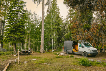 Camper van parked on campsite in northern California forest.