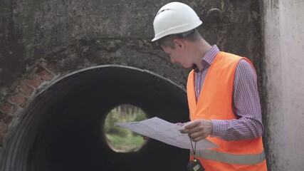 A construction engineer checks the progress of work on the reconstruction of an underground pipe above the railway.