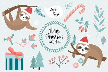 Cute sloth Merry christmas set. Collection of design elements with a little sloths in a hat of Santa Claus, snowflakes and a Christmas tree. Vector