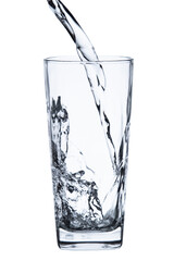 pouring water on a glass on white background clipping path