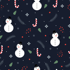 Vector pattern Seamless Christmas background with snowmen and candy Hand drawn design in cartoon style Used for printing, wallpaper, cloth, fashion textile