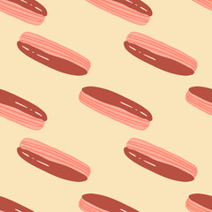 Strawberry eclairs seamless doodle pattern. Pink and maroon colored french bakery dessert on light background.