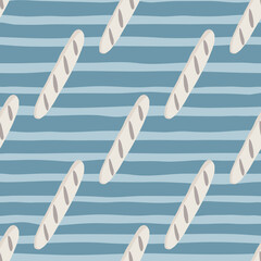 Diagonal loaf doodle shapes seamless pattern. Light bread food print with blue striped background. Food backdrop.
