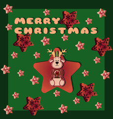 Christmas themed card with Christmas deer on the green background