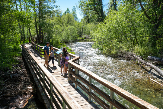 A family walks on a nature trail in South Lake Tahoe, CA