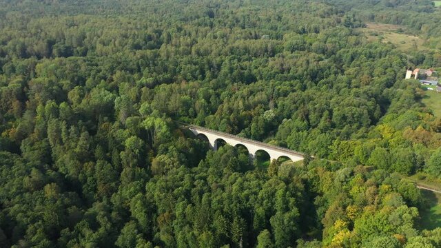 Aerial view of the old Prussian viaduct in Rominta forest, Russia