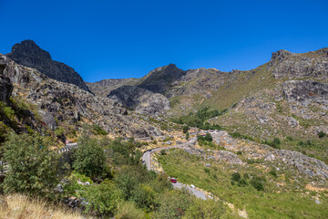 Fototapeta na wymiar View from the top of the mountains of the Serra da Estrela natural park, Star Mountain Range, glacier valley and mountain landscape