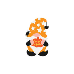 Halloween Gnome with white beard in holiday costume with pumpkin in hands and spider on hat. Isolated without background. Cute farmhouse gnome for invitation, greeting card, home decoration, promo