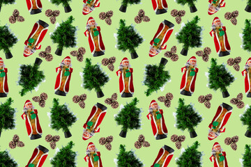 Christmas seamless pattern background with Santa Claus, fir tree and pine cones on a light green background.