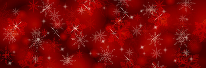 Fototapeta na wymiar Christmas panoramic red background with snowflakes and bokeh.