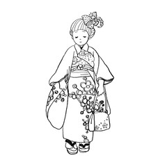 girl in kimono 着物　子ども　イラスト　201007 hanadaruma 