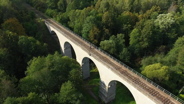 Aerial view of the old Prussian viaduct in Rominta forest, Russia