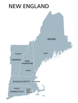 New England region of the United States of America, gray political map. The six states Maine, Vermont, New Hampshire, Massachusetts, Rhode Island and Connecticut with capitals. Illustration. Vector.