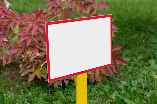small empty information sign with white mockup place on green grass of botany garden