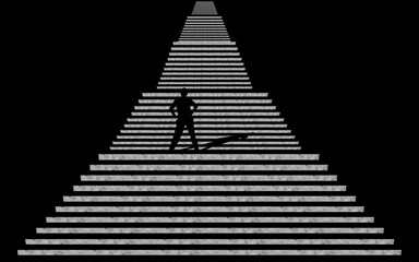Silhoutte of a Men walking upwards on the stairs. Concept of Growth and struggle