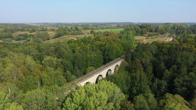 Aerial view of the old Prussian viaduct in Rominta forest, Russia