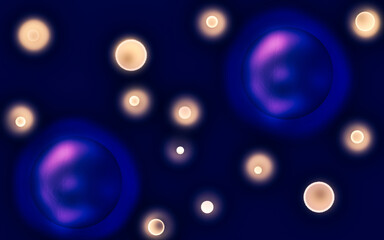 abstract illustration of glowing christmas balls in the form of planets and stars in blue with lilac glare and yellow on a dark space background