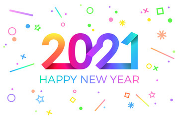 2021 Happy New Year. Paper Memphis geometric bright style for holidays flyers, greetings, invitations, Happy New Year or Merry Christmas cards. Holiday background, poster, banner. Vector Illustration.