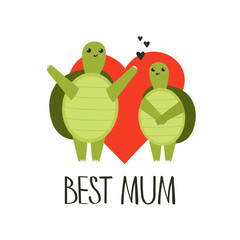 Decorative cute illustration with turtles, hearts, english text, poster design. Colorful background vector. Best mum. Cartoon wallpaper. Hand drawn backdrop. Mothers Day