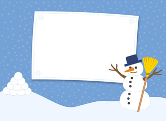 Snowballs and snowman before a snowball fight. Blank label for invitation for winter fun. Comic vector illustration on snowfall background.
